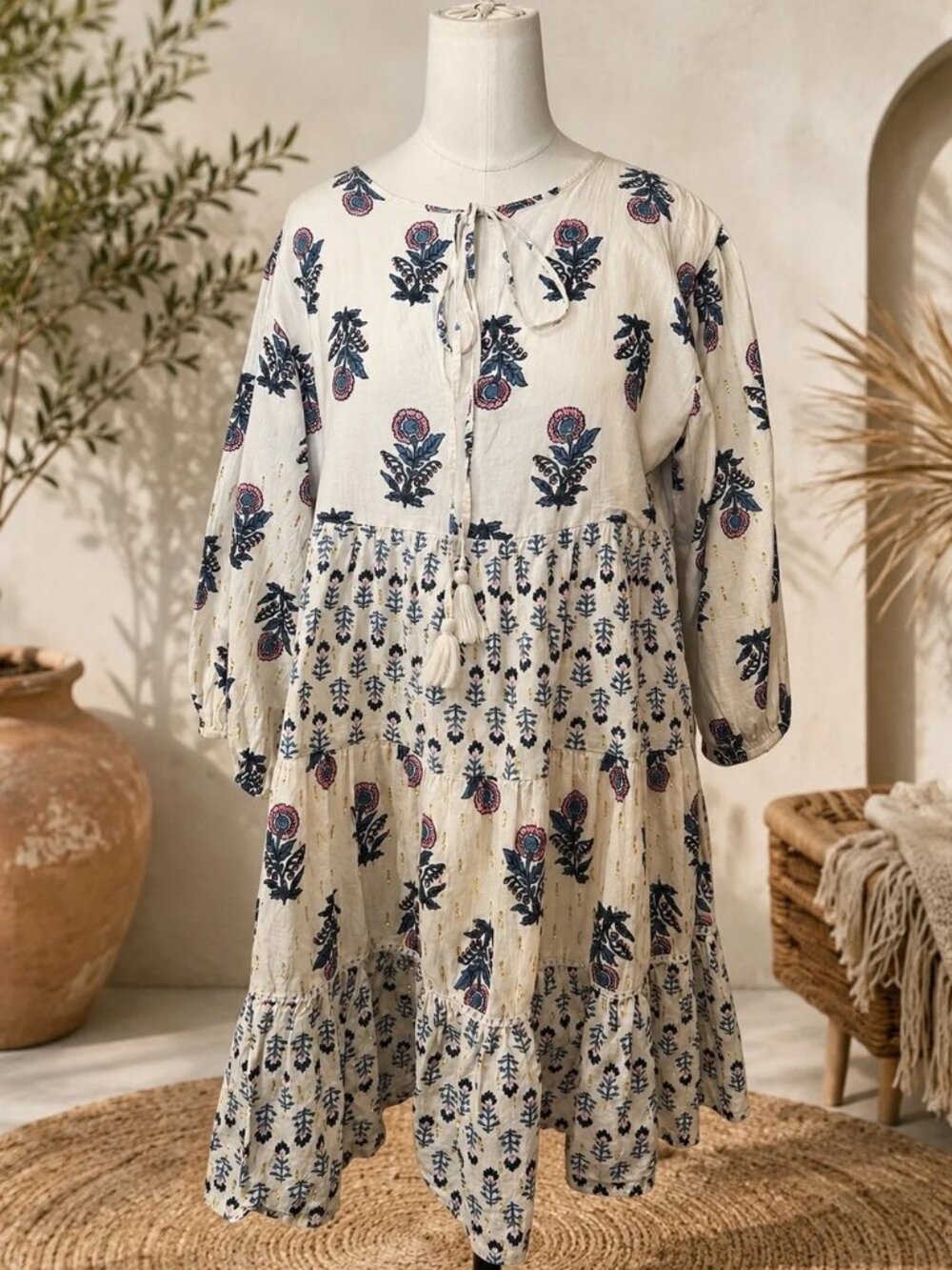 Debbie Katz South Beach 100% Cotton Boho Floral Tiered Mini Dress Size Small